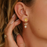 Pearl and Flower Gold Dangle Earrings
