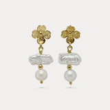 Pearl and Flower Gold Dangle Earrings