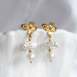 Pearl and Flower Gold Dangle Earrings