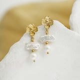 Pearl and Flower Gold Dangle Earrings