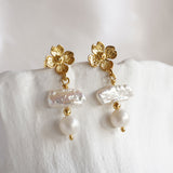 Pearl and Flower Gold Dangle Earrings