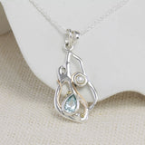Handmade Teardrop Blue Topaz and Pearl Pendant Necklace