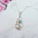Handmade Teardrop Rainbow Moonstone Pendant with Blue Opal and 14kt Gold Details
