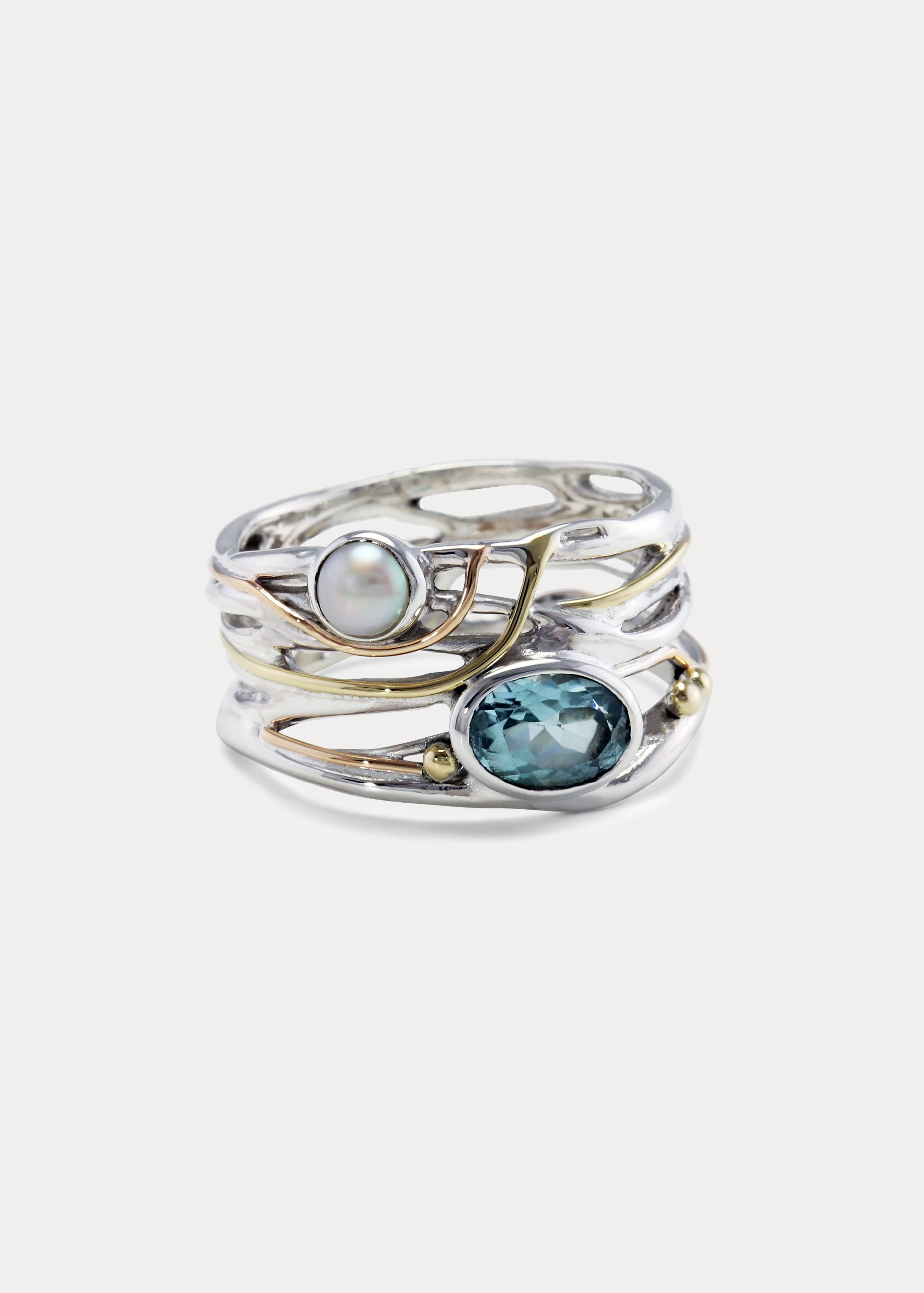 Blue Topaz and Freshwater Pearl Statement Ring | Isla Silver Jewellery