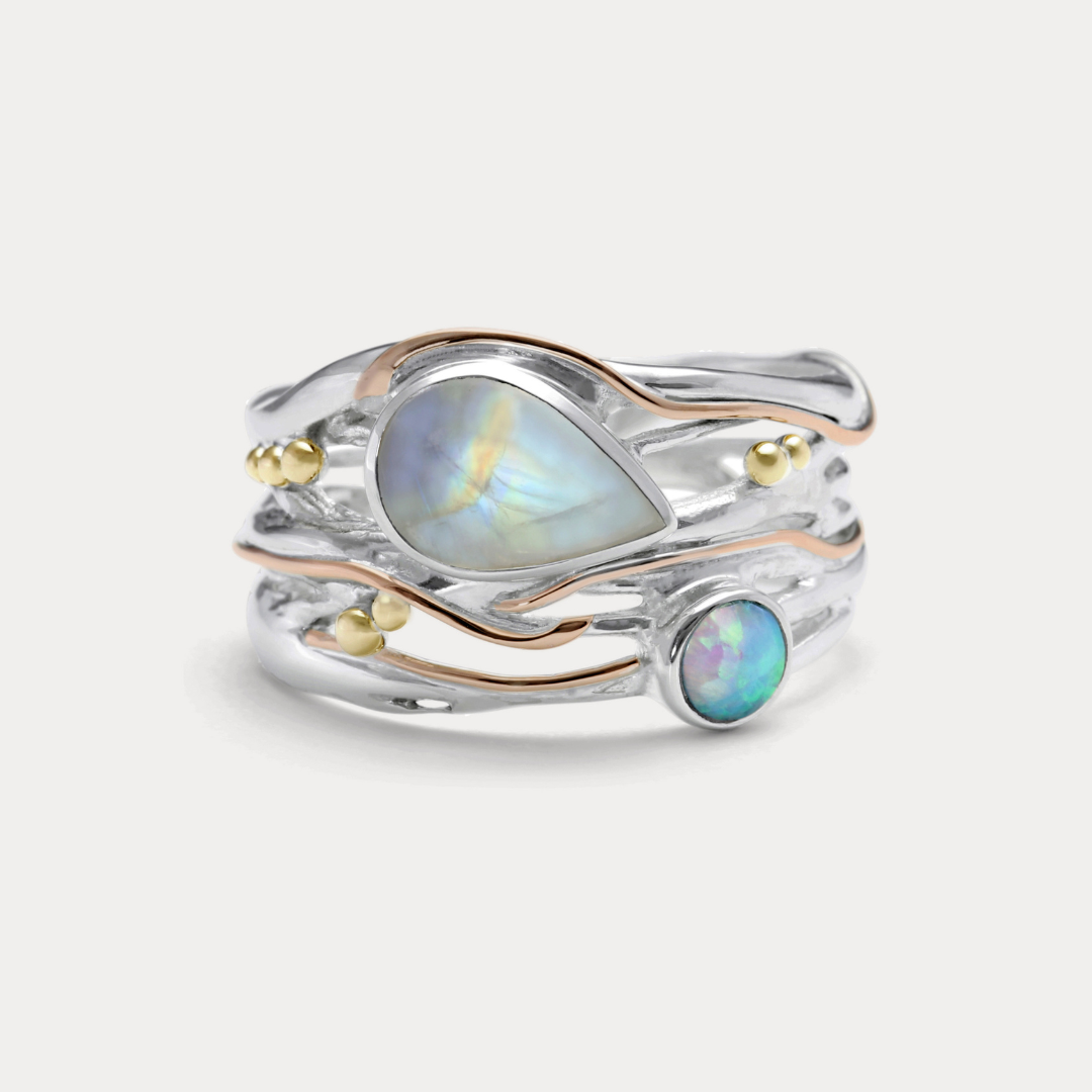 Unique Moonstone and Blue Fire Opal Ring