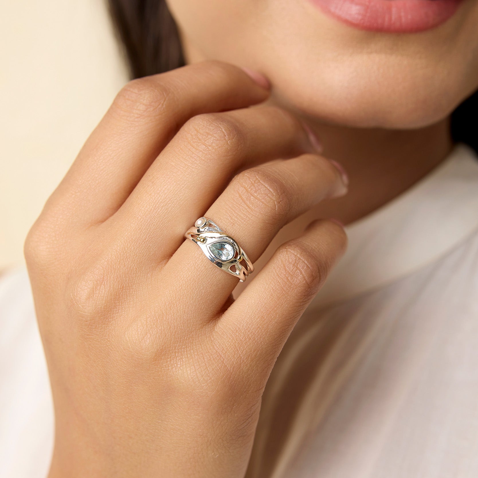 Blue Topaz and Pearl Ring with Gold Detail