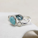 Larimar, Blue Topaz and Freshwater Pearl Trio Ring