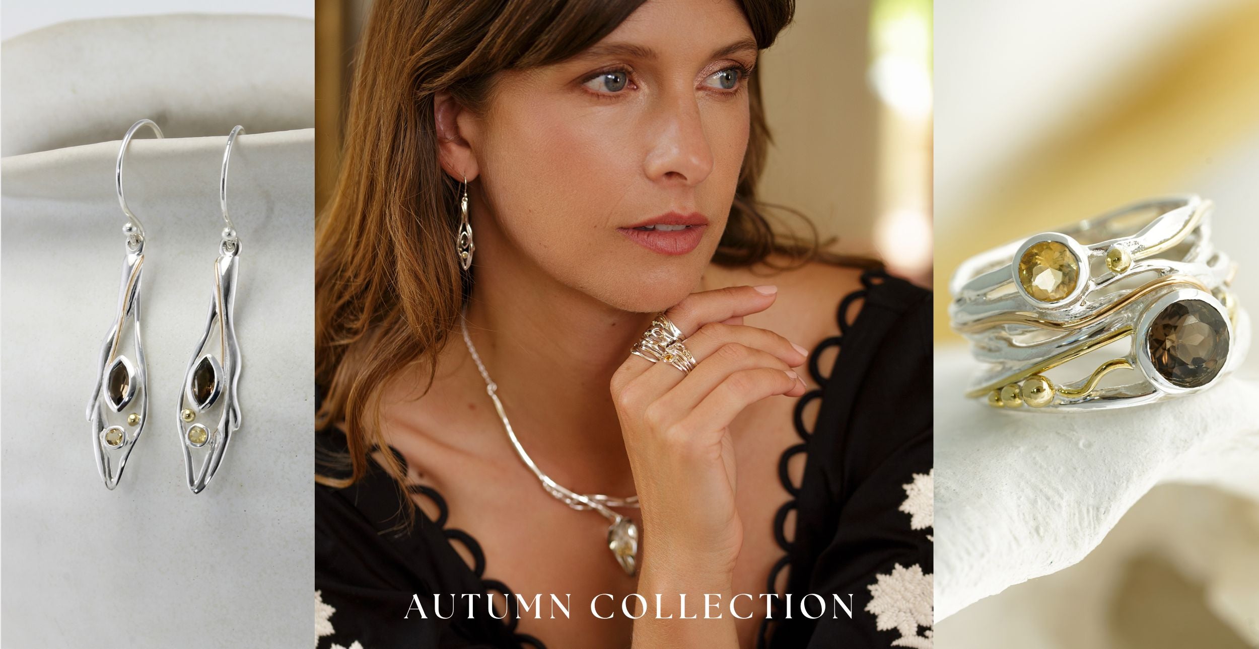 Silver jewelry set including earrings, necklace, and ring with 'Autumn Collection' text.