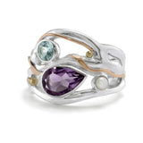 Blue Topaz, Freshwater Pearl and Amethyst Ring