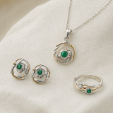 Emerald Silver Round Pendant, Ring and Earrings Set
