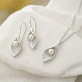 Calla Lily Sterling Silver and Pearl Pendant and Earrings Set