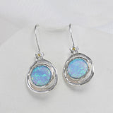 Handmade Blue Fire Opal Hook Earrings with Flower Detail