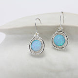 Handmade Blue Fire Opal Hook Earrings with Flower Detail