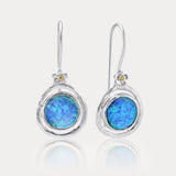 Handmade Blue Fire Opal Hook Earrings with Flower Detail