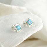 Handmade Sterling Silver Square Blue Fire Opal Stud Earrings