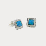 Handmade Sterling Silver Square Blue Fire Opal Stud Earrings
