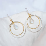 Silver and Gold Rainbow Moonstone Hoop Earrings