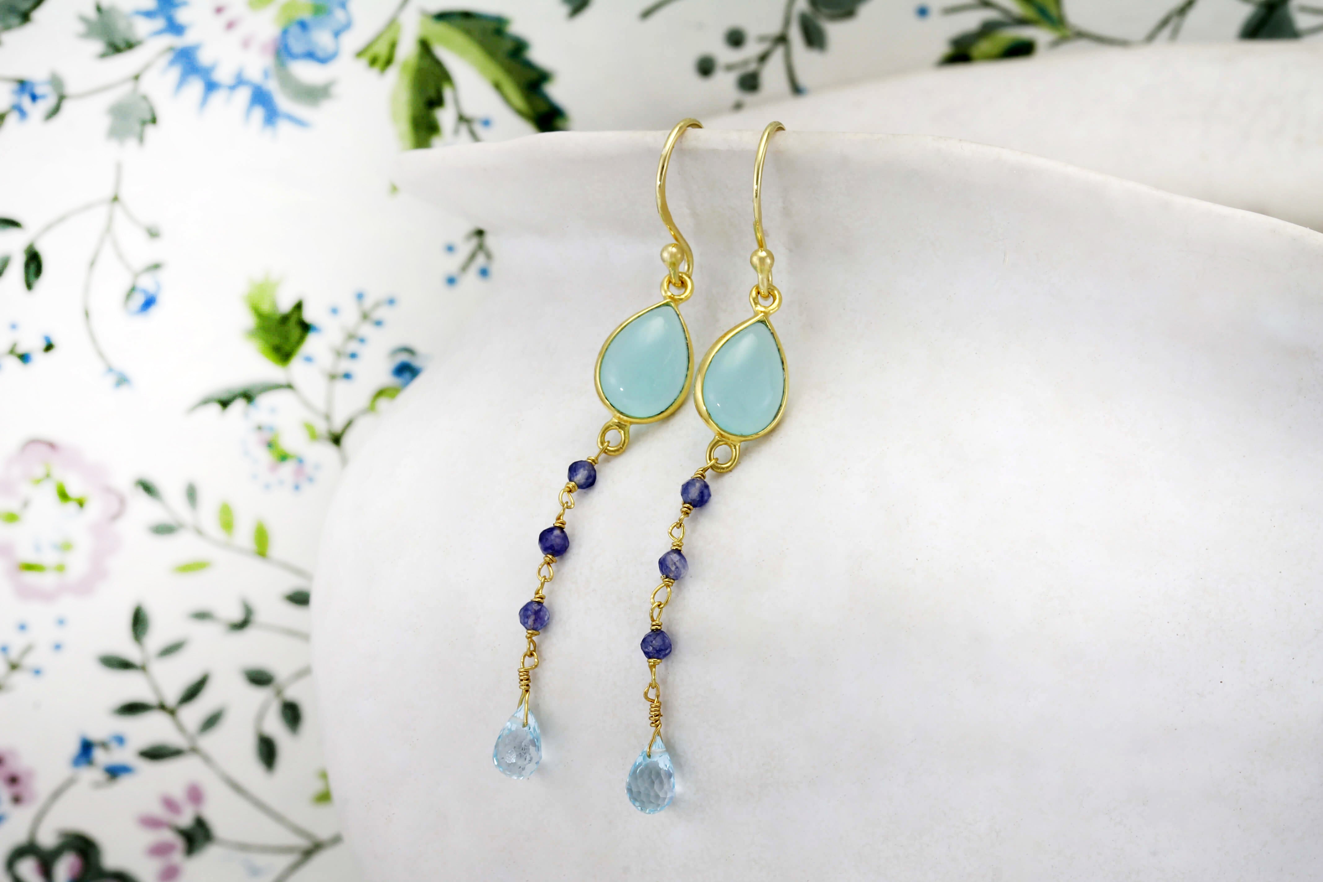 Blue Topaz, Aqua Chalcedony, Sterling Silver, popular Satin Yellow Gold Accent, Earrings