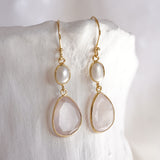 Gold Vermeil Pearl and Rose Quartz Drop Earrings