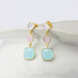 Moonstone, Pink and Aqua Chalcedony Gemstone Drop Earrings