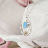 Handmade Unique Silver Flower and Blue Fire Opal Necklace