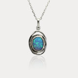 Handmade Oval Spiral Silver Pendant with Blue Fire Opal