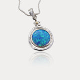 Handmade Sterling Silver Blue Fire Opal Pendant with Dainty Flower Detail