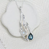 London Blue Topaz, Moonstone & Diamond Sterling Silver Pendant