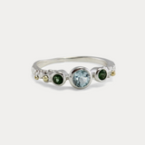 Blue Topaz and Green Tourmaline Sterling Silver Handmade Ring with Flower Detail
