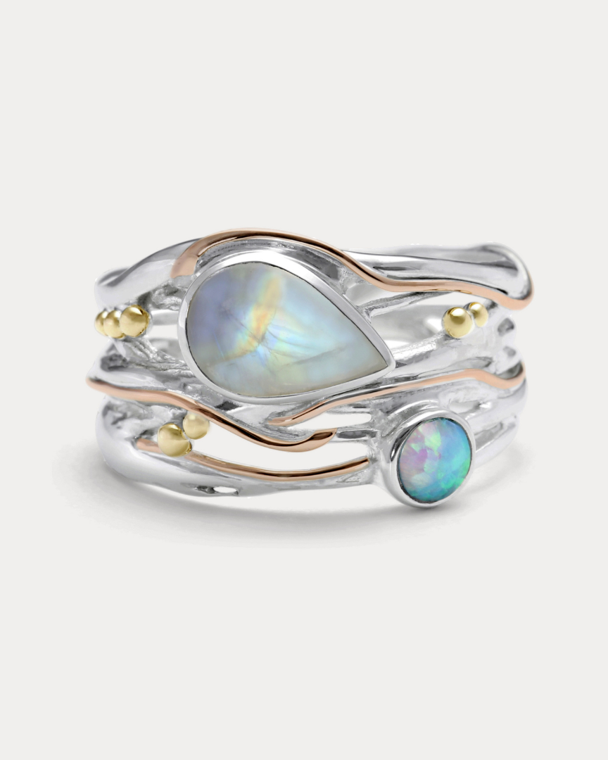 Unique Moonstone and Blue Fire Opal Ring