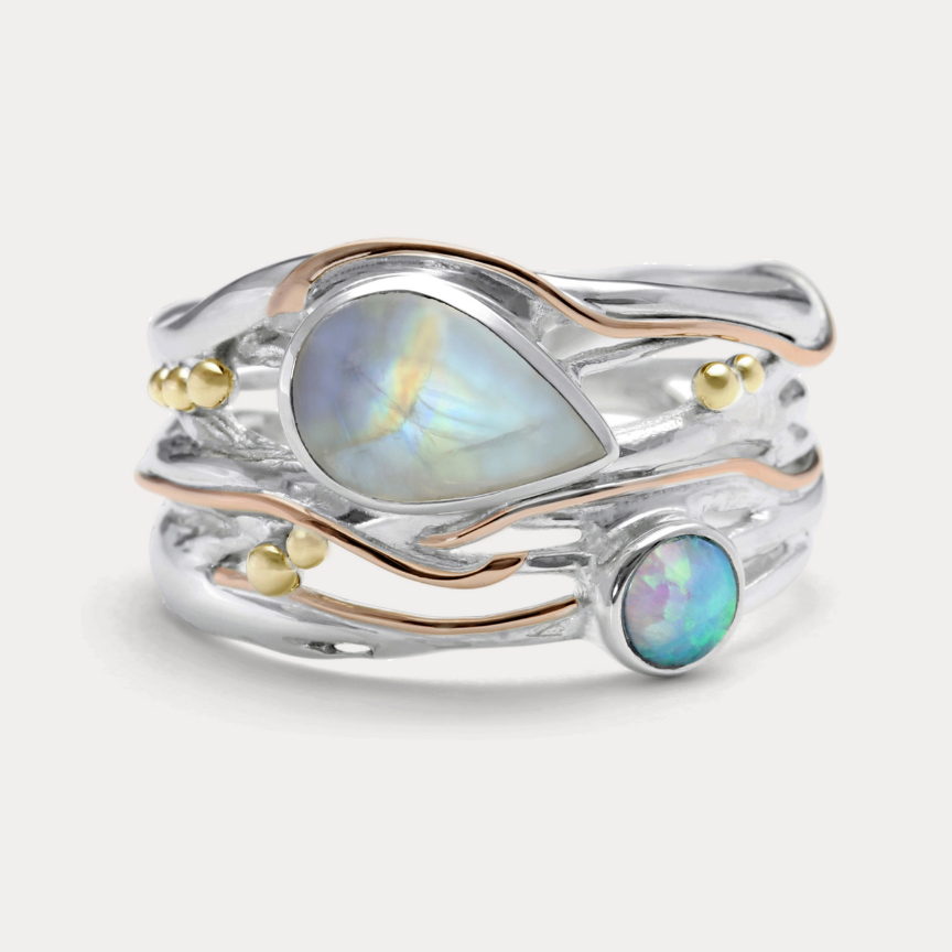 Unique Moonstone and Blue Fire Opal Ring