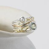 Pearl & Green Amethyst Ring in Sterling Silver with Gold Details