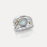 Rainbow Teardrop Moonstone Ring enhanced with 14ct gold detailing.