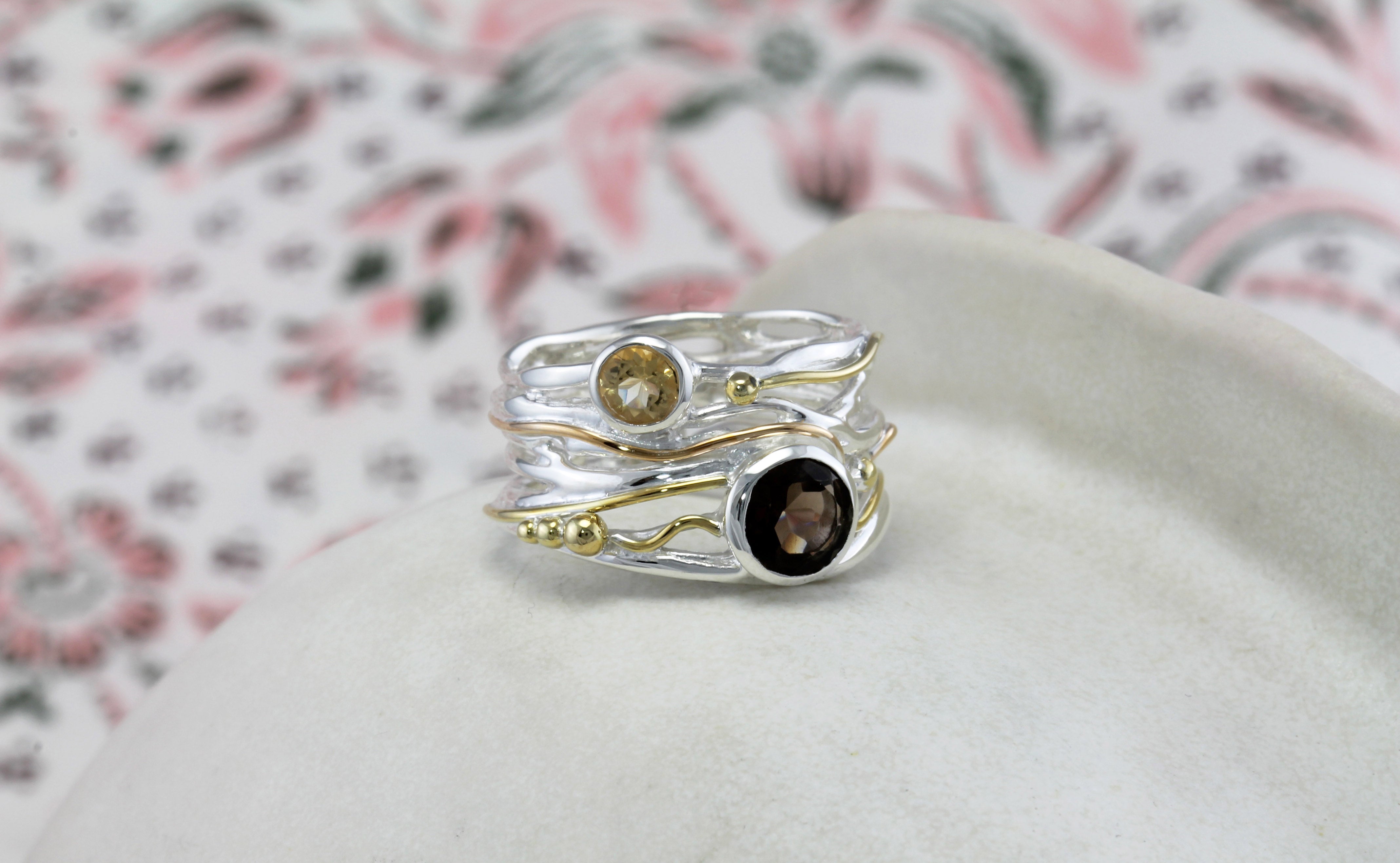 Smoky Quartz & Citrine Ring in Sterling Silver with Gold Details