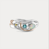 Blue Topaz and White Fire Opal Flower Ring