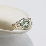 Green Amethyst Silver Ring with Leaf Design