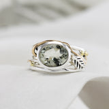 Green Amethyst Silver Ring with Leaf Design
