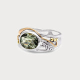 Green Amethyst Silver Ring with Leaf Design