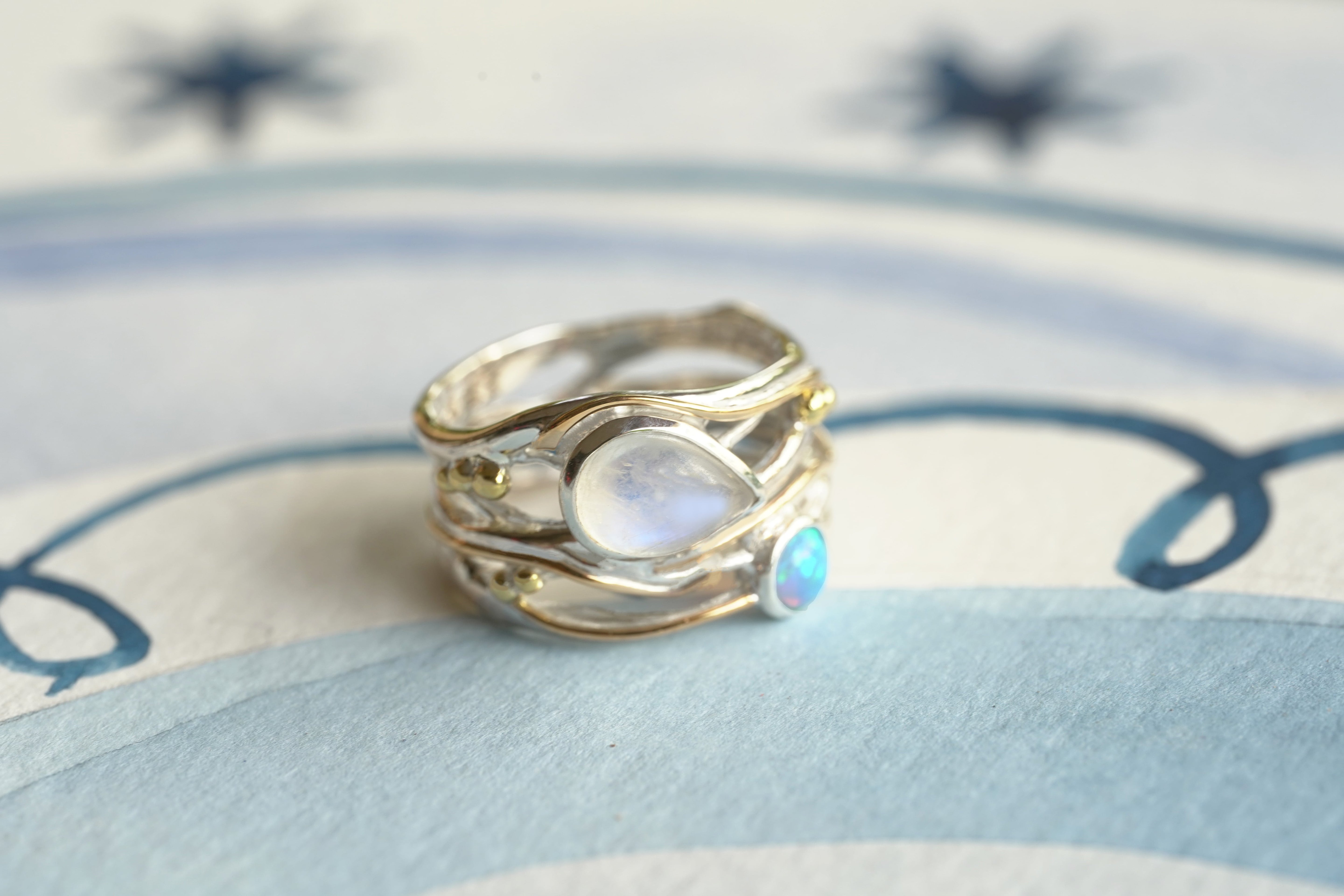 Rainbow Moonstone and Opal Signature Ring