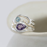 Sterling Silver Amethyst Ring with Blue Topaz and Freshwater Pearl