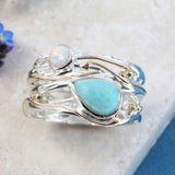 Teardrop Larimar & White Fire Opal Ring