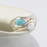 Teardrop Larimar & White Fire Opal Ring