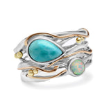 Teardrop Larimar & White Fire Opal Ring