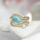 Teardrop Larimar & White Fire Opal Ring