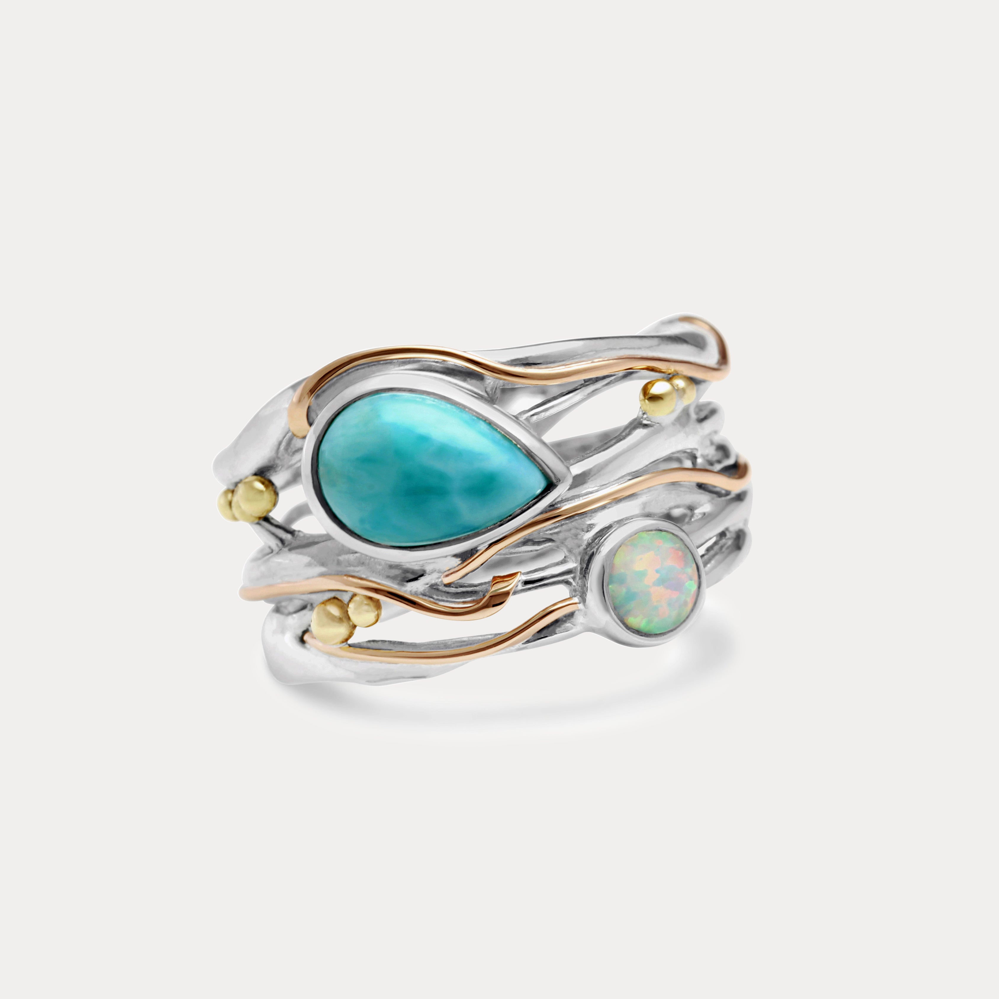 Blue Larimar and Opal Ring