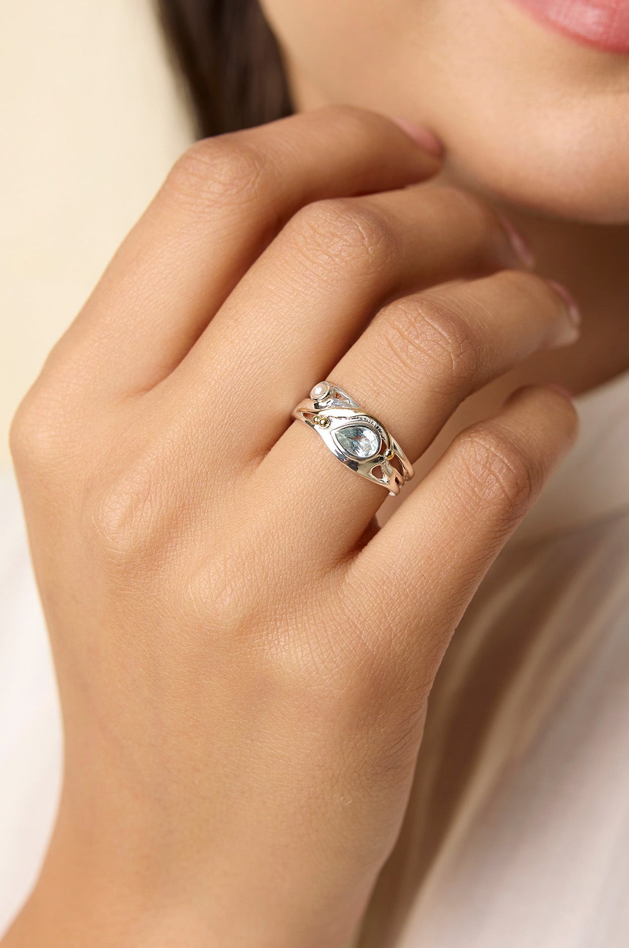 Blue Topaz and Pearl Ring with Gold Detail