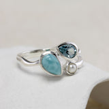 Larimar, Blue Topaz and Freshwater Pearl Trio Ring
