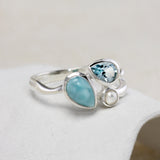 Larimar, Blue Topaz and Freshwater Pearl Trio Ring