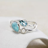 Larimar, Blue Topaz and Freshwater Pearl Trio Ring