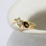 Smoky Quartz, Green Amethyst and Pearl Gold Ring
